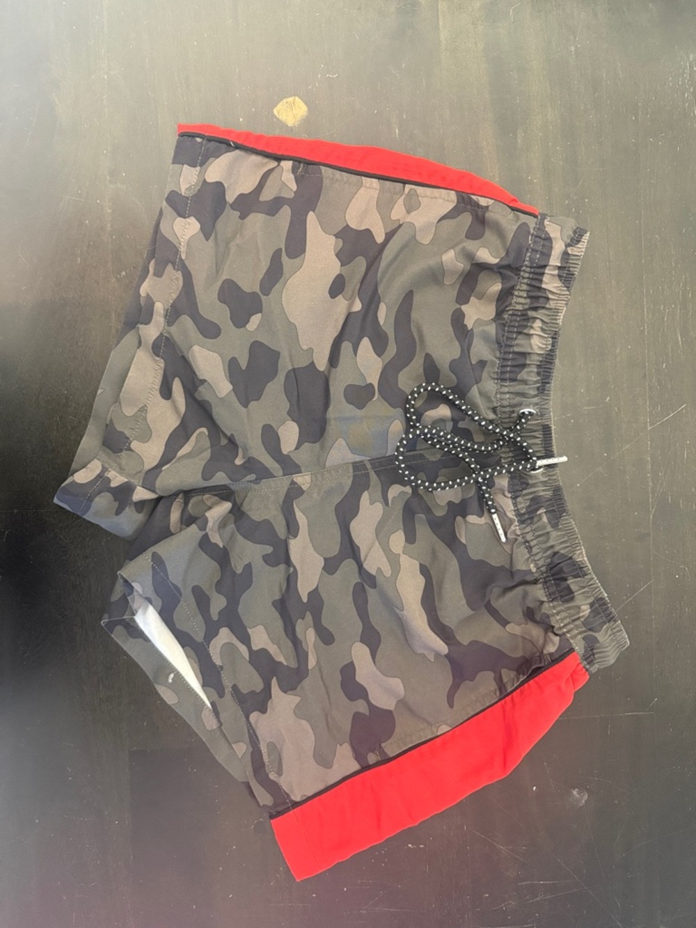ASOS Men’s Gray Camo Swim Trunks with Red Trim